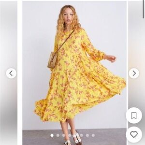 Zara Women's Yellow and Red Floral Long Sleeve Dress